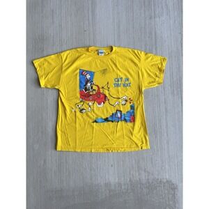 Vintage Dr. Seuss Cat In The Hat Graphic Yellow T-Shirt Mens XL 90s AOP Cartoon
